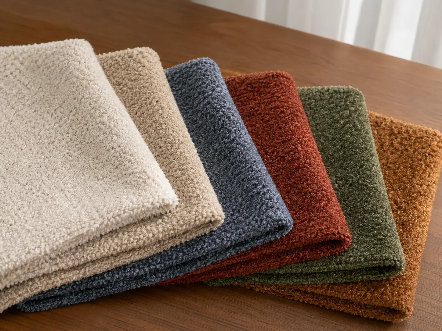 Folded chenille fabric swatches in neutral and warm colors, showing thick pile texture and color options for textile development.
